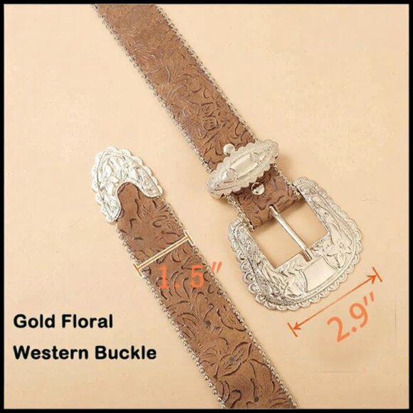 Western Cowgirl Belt with Gold Buckle, Faux PU Leather, Brown Floral